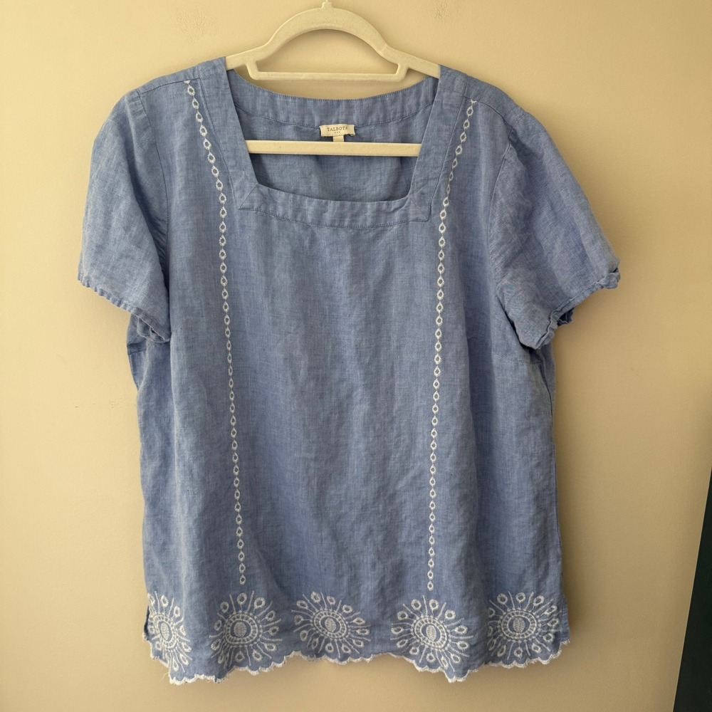 Talbots XL Blue Linen Blend Embroidered Scalloped Hem Square Neck Top IN5250